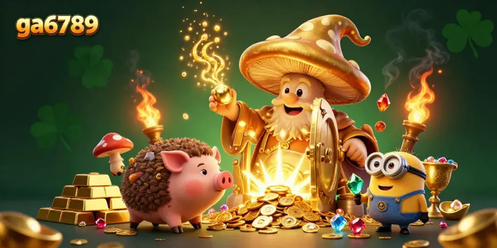 Engage with the vibrant world of ga6789, featuring a golden mushroom wizard and treasures bursting with magic.