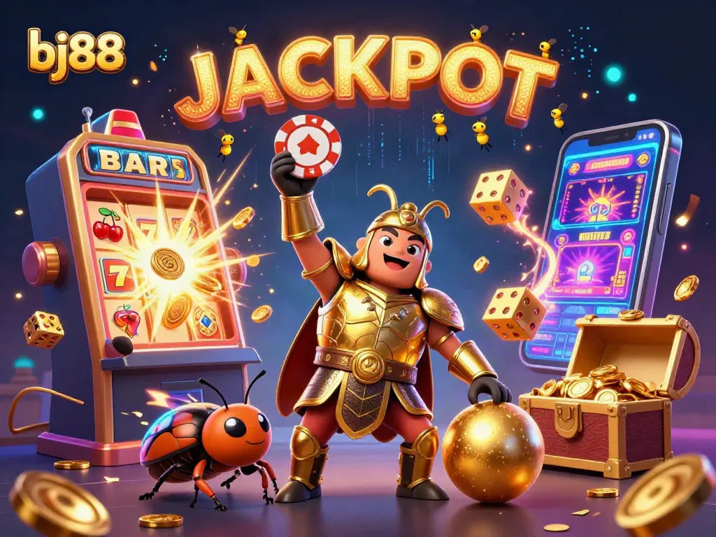 Win at bj88 with a victory pose from the hercules beetle, lively gambling elements surround.