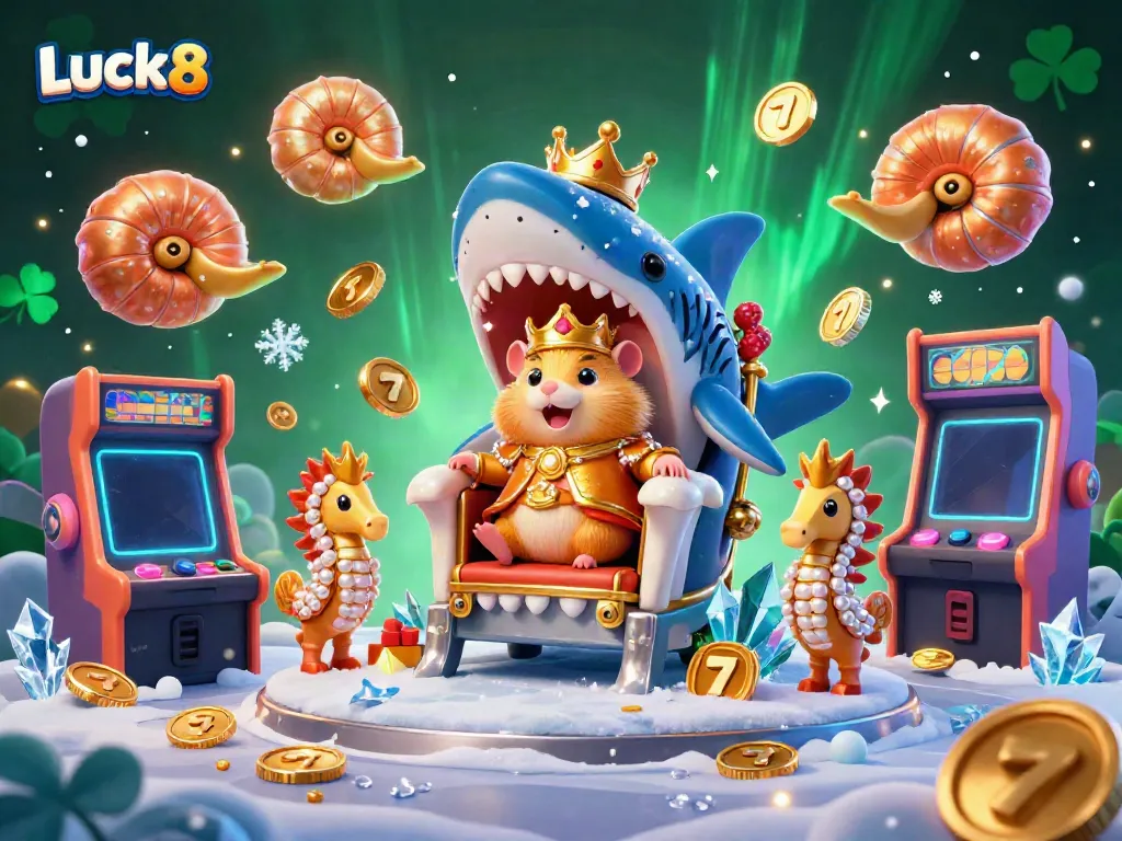 Engage with Luck8's colorful casino scene featuring a golden hamster king amidst vibrant gaming elements.