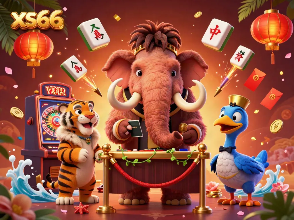 Engage in the vibrant casino atmosphere at xs66, featuring a mammoth bouncer, tiger guest, and festive decor.