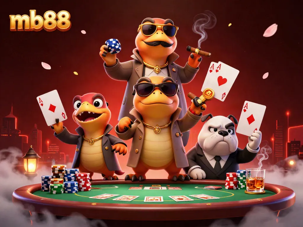 Experience exciting gameplay at mb88 with a vibrant casino scene featuring playful cartoon characters.