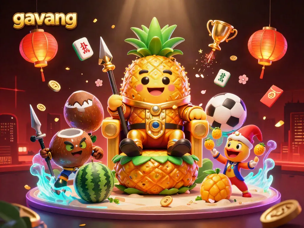 Engaging scene depicting the golden pineapple king and friends betting on football with dynamic casino elements for Gavang TV.