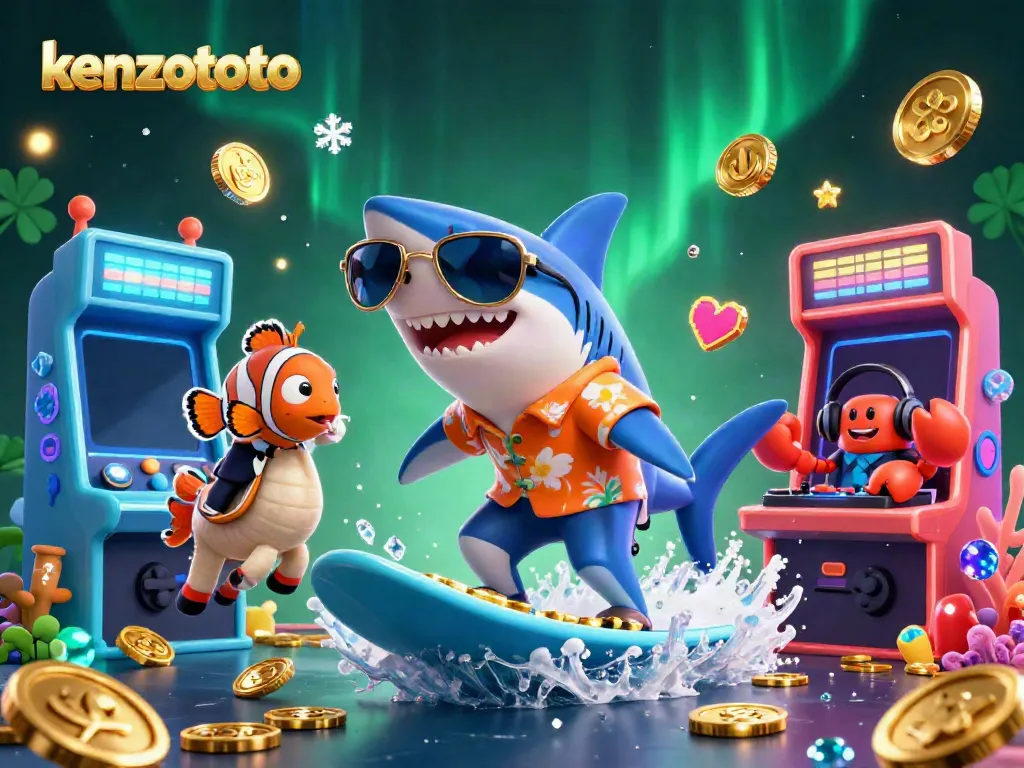 Experience the thrilling action of kenzototo, featuring a shark surfing on gold coins with vibrant arcade elements.