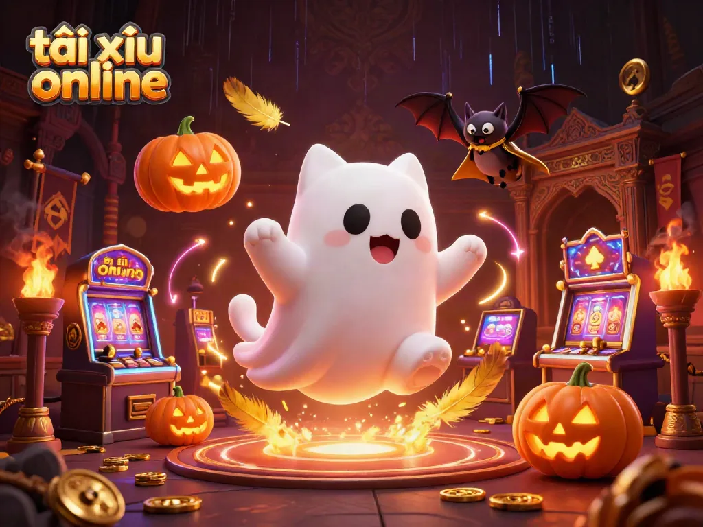 Experience the thrill of tài xỉu online with a friendly ghost cat and a vampire bat in a lively casino.