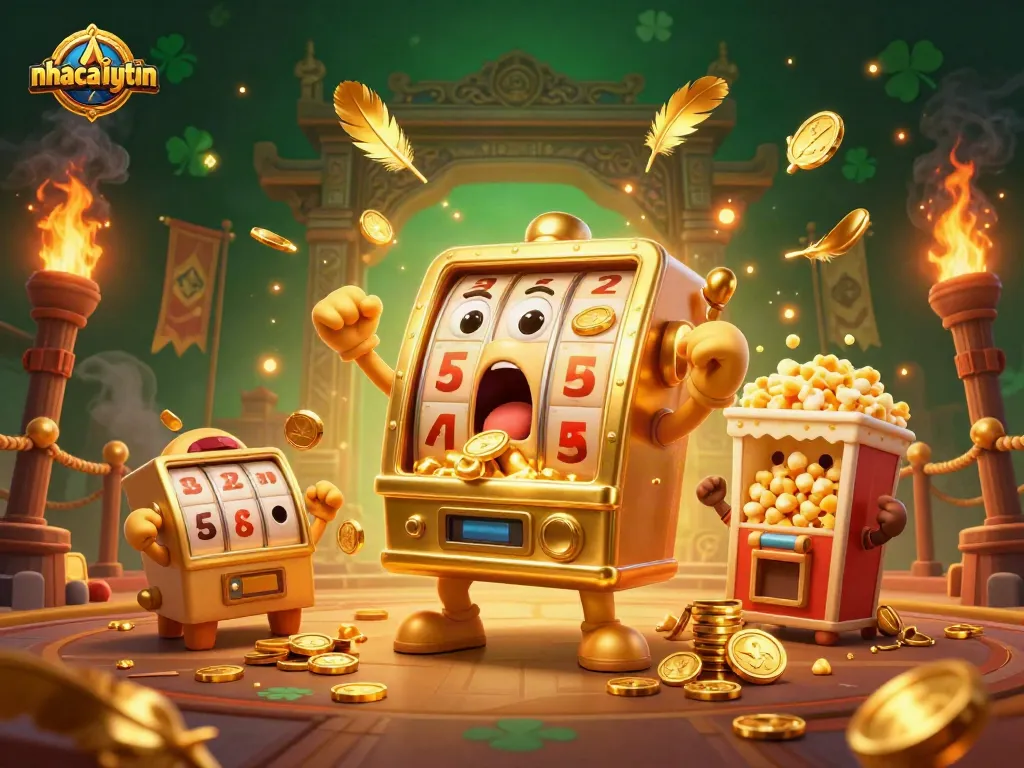 Spin to win at nhacaiuytin with a golden slot machine celebrating a jackpot while coins rain down.