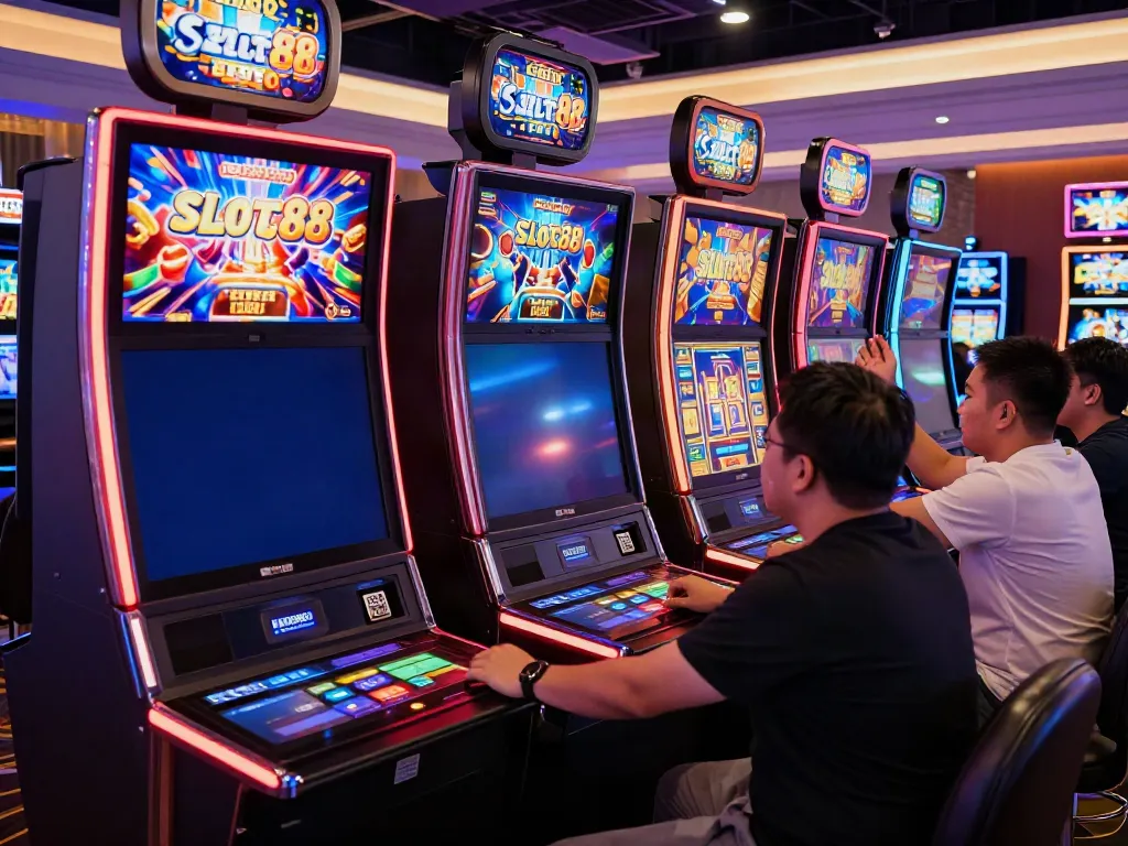 Players enjoying Slot88 games in a modern casino atmosphere with vibrant screens.