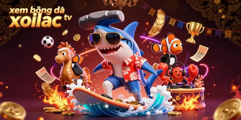 Experience xem bóng đá xoilac tv in a vibrant 3D scene featuring a shark surfing on gold coins, delivering an exhilarating gambling atmosphere.