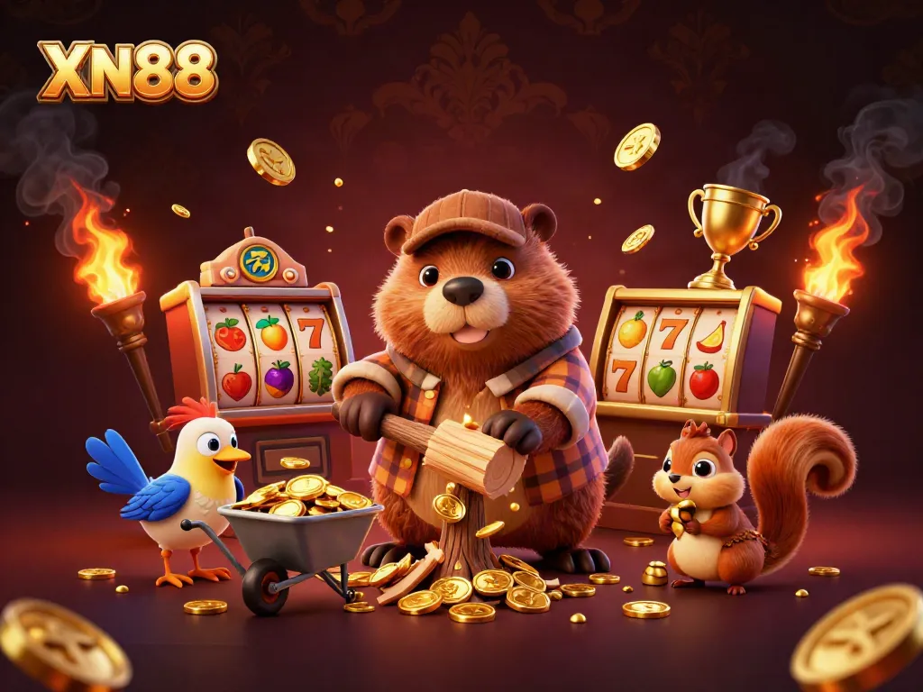 Experience fun with XN88 in this vibrant, golden coin rain scene featuring a whimsical beaver and friends.