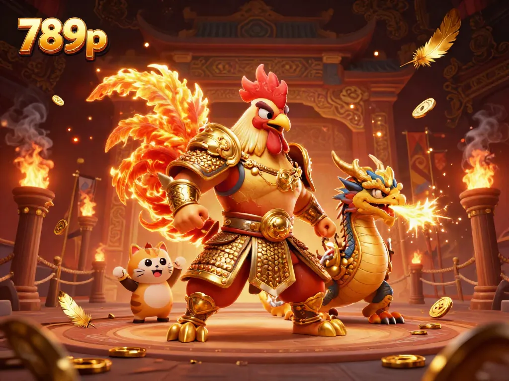 Engage in thrilling 789p action with a fighting rooster warrior amidst a vibrant casino backdrop.