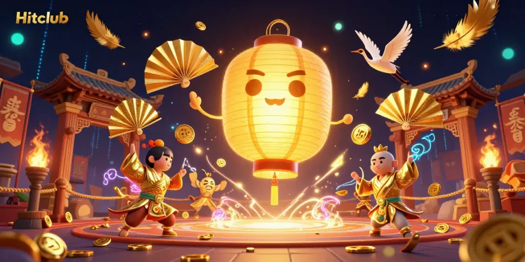 Engage with Hitclub’s vibrant gaming world featuring a glowing golden lantern spirit and dynamic casino elements.