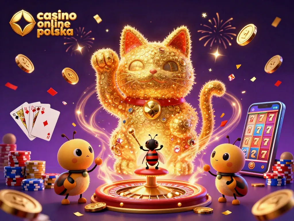 Engage in thrilling games at casino online polska with vibrant illustrations showcasing a lucky cat and casino symbols.