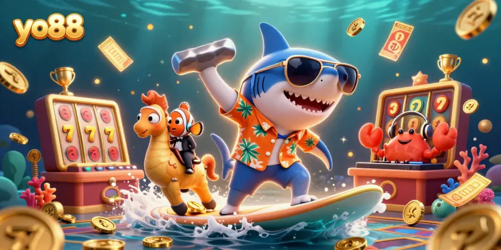 Explore vibrant casino themes with yo88, featuring a lively underwater scene filled with gaming elements.