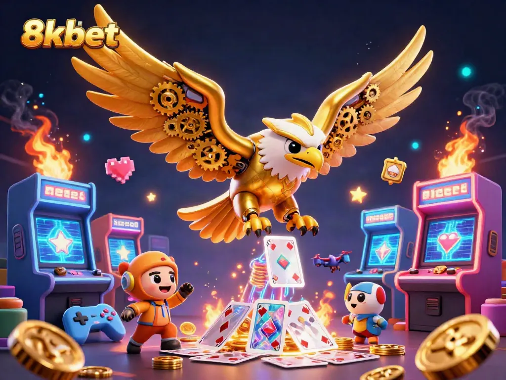 Experience the excitement of 8xbet with a dynamic casino illustration featuring a golden eagle and game elements.
