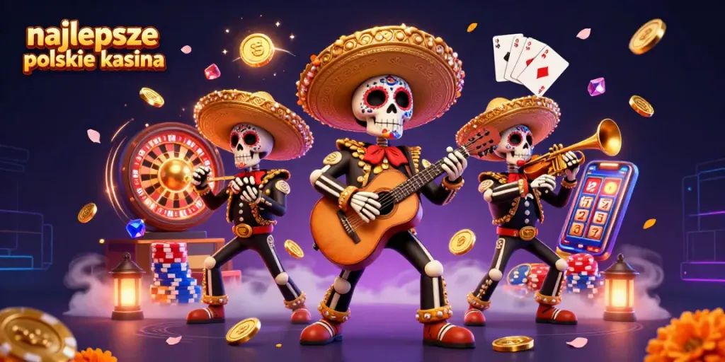 Experience the excitement of najlepsze polskie kasyna with vibrant mariachi skeletons and dynamic casino elements.