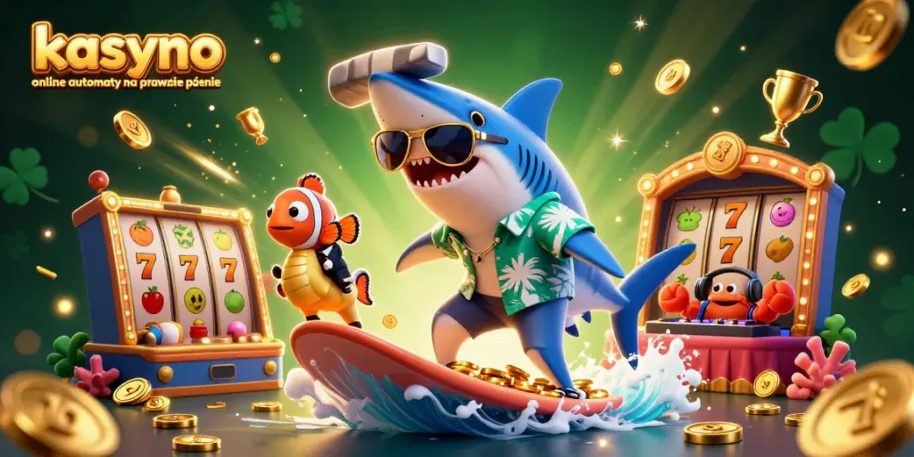 Engage in kasyno online automaty na prawdziwe pieniądze with animated characters surfing coins and vibrant game elements.