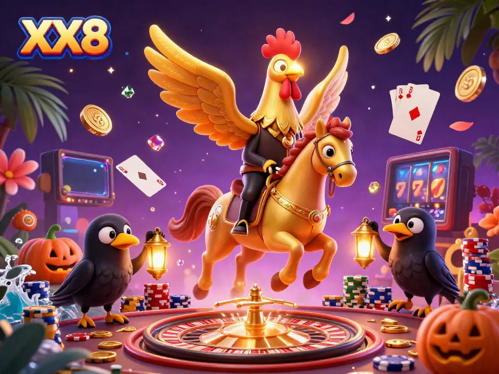 Experience the immersive night at XX8 casino with a golden rooster riding a spectral horse amidst thrilling gaming elements.