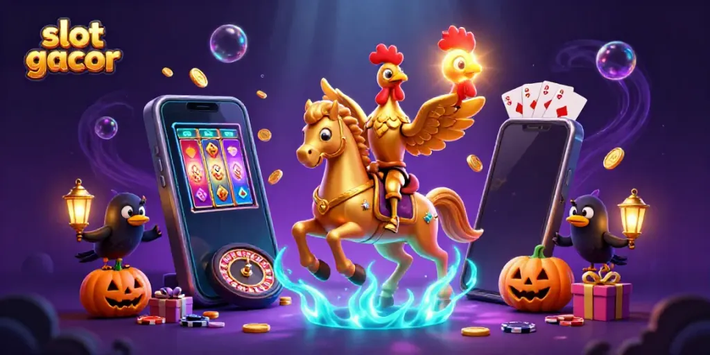 Slot gacor hadir dalam ilustrasi 3D yang menampilkan suasana kasino malam yang dinamis dan meriah.
