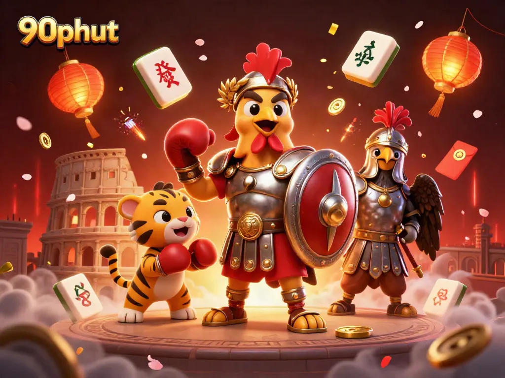 Experience thrilling action with 90phut as a gladiator rooster and tiger cub engage in a dynamic showdown.