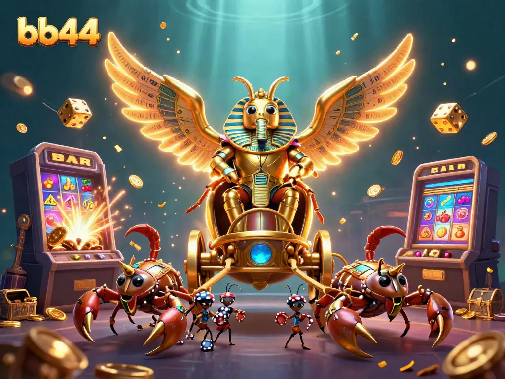 Engage with bb44's thrilling gaming adventure featuring a colossal golden scarab and lavish slot machines!