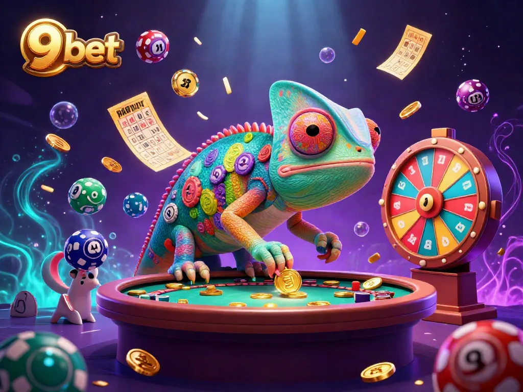 Engage with the vibrant 9 bet casino scene featuring a colorful chameleon character and dynamic game elements.