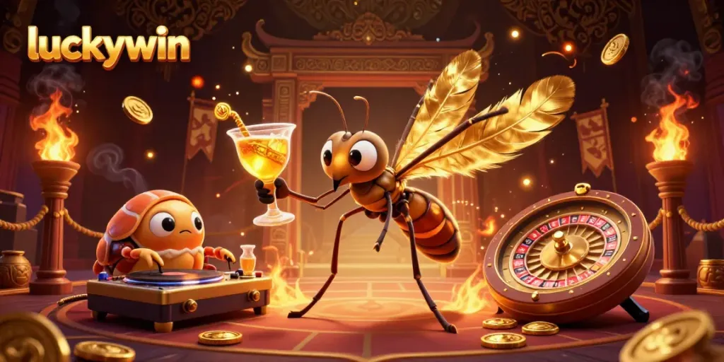 Experience the excitement of luckywin with a vibrant casino mascot and dynamic gaming elements.