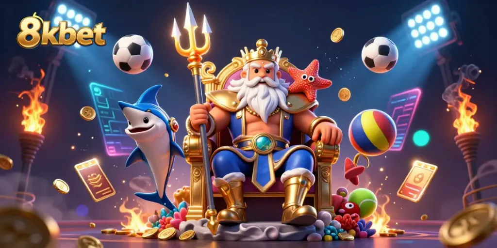 Experience thrilling action at 8kbet with Neptune and his samurai guardian amid vibrant gambling elements.
