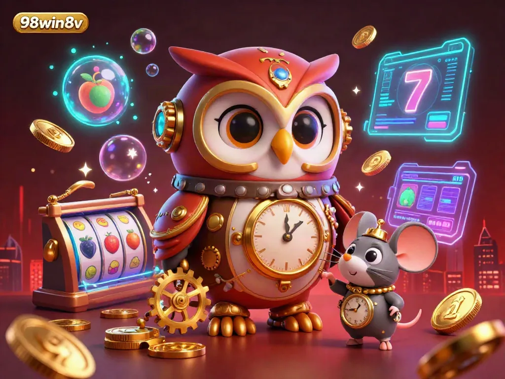 Experience gaming excitement with the colorful 98win8v 3D owl casino scene filled with slot symbols and treasures.