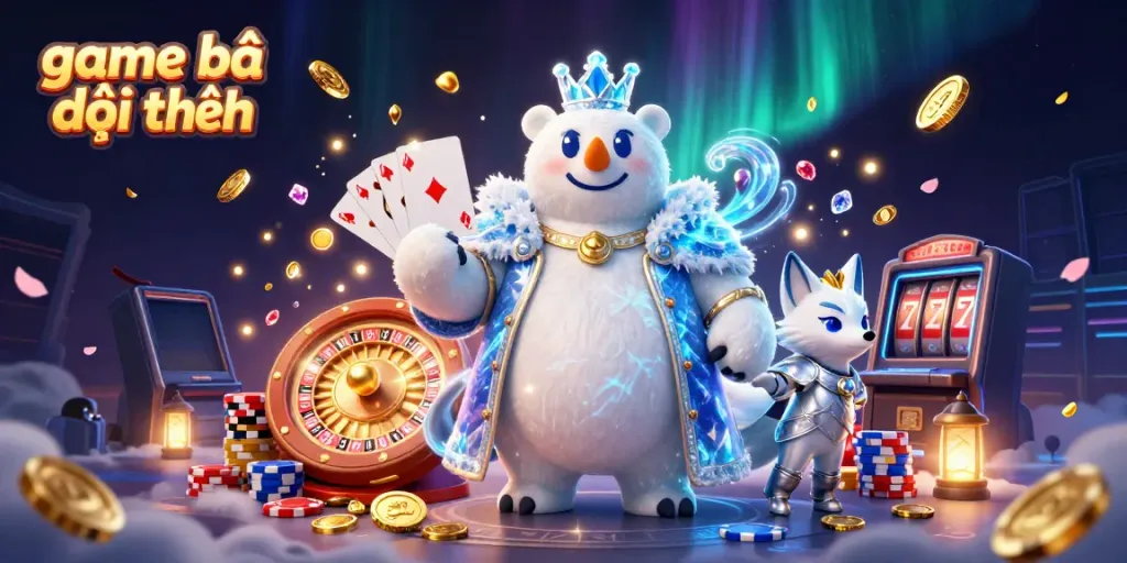 Engage with the thrill of game bài đổi thưởng, where a polar bear and fox navigate a shimmering casino world.
