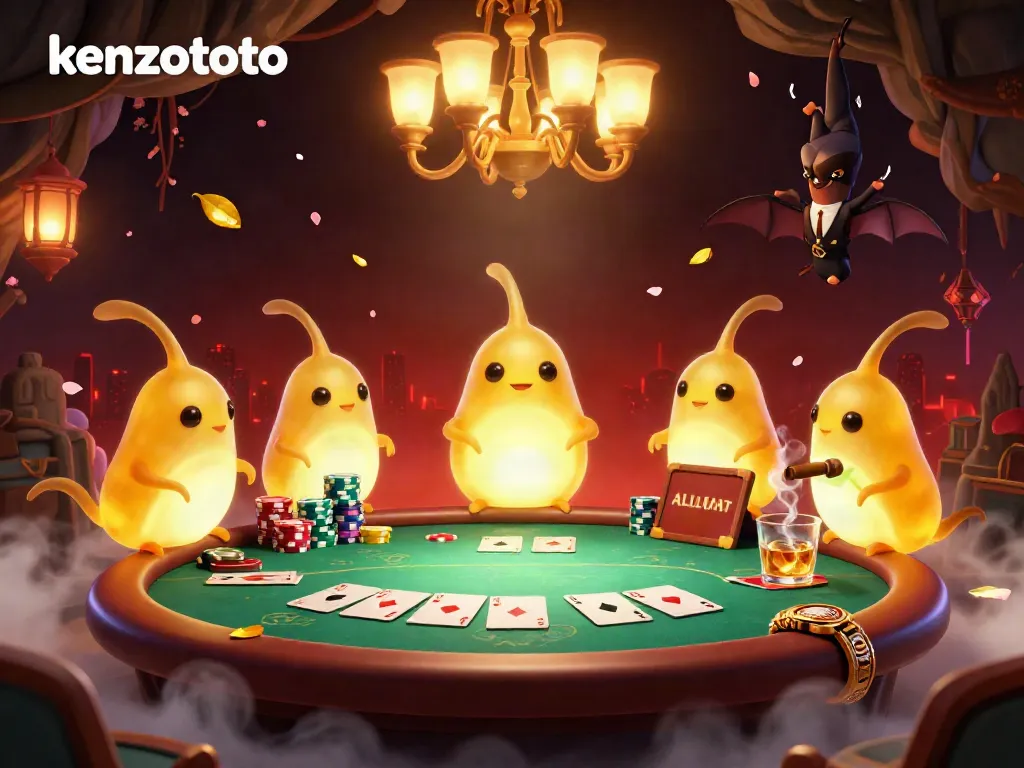 Engage in immersive gameplay at KENZOTOTO, illuminated by bioluminescent characters in a captivating casino scene.