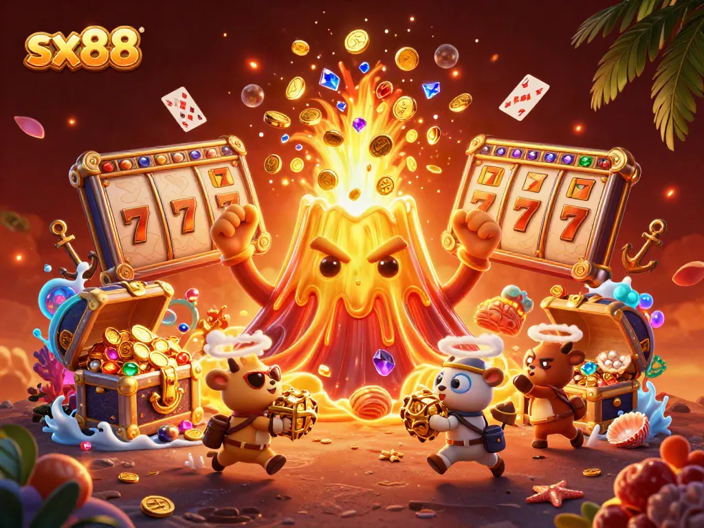 Win big with sx88 in this vibrant illustration of a golden volcano erupting treasures in a casino-themed adventure.