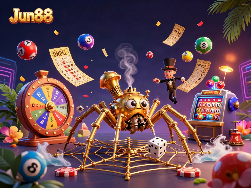 Experience the thrilling dynamics of Jun88's casino world with immersive elements and a steampunk spider in action.