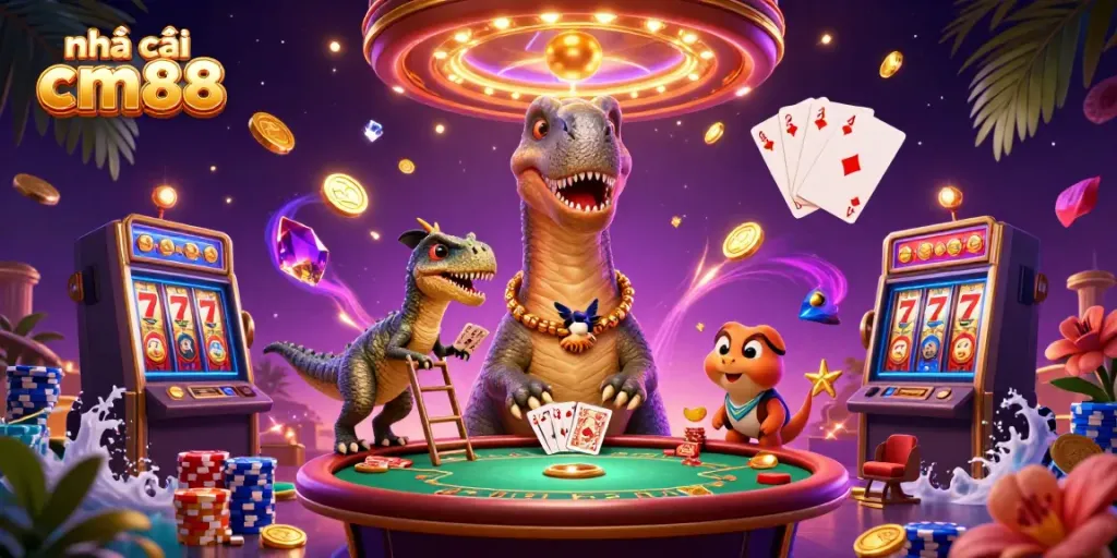 Experience excitement at nhà cái cm88 with a whimsical casino scene featuring 3D characters and vibrant game elements.