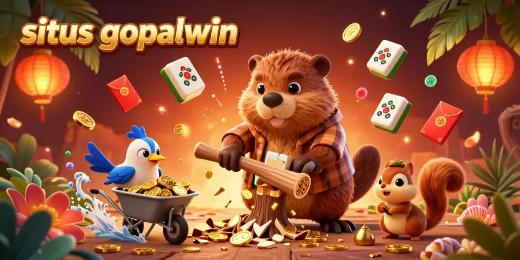 Situs gopalwin showcases a 3D cartoon scene with a beaver and friends celebrating wins amidst floating casino elements.