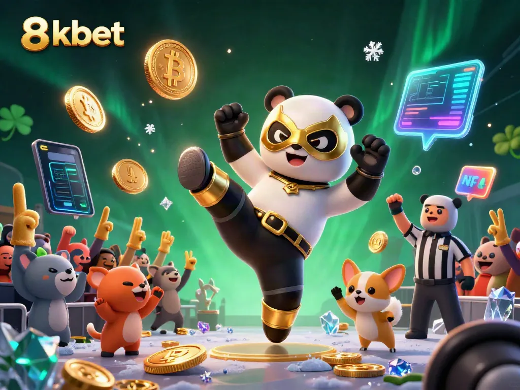 Experience excitement at 8kbet with a thrilling scene featuring an animated wrestler panda and ecstatic fans.