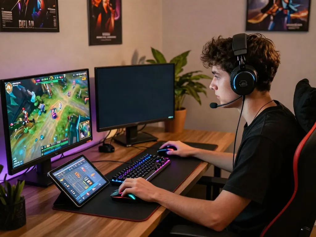 Engaged gamer exploring online games at https://sunwint4.com/ with vibrant graphics and gaming accessories.