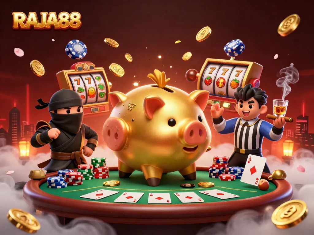 Experience thrilling gameplay at RAJA88 with vivid 3D illustrations of a joyful casino scene.