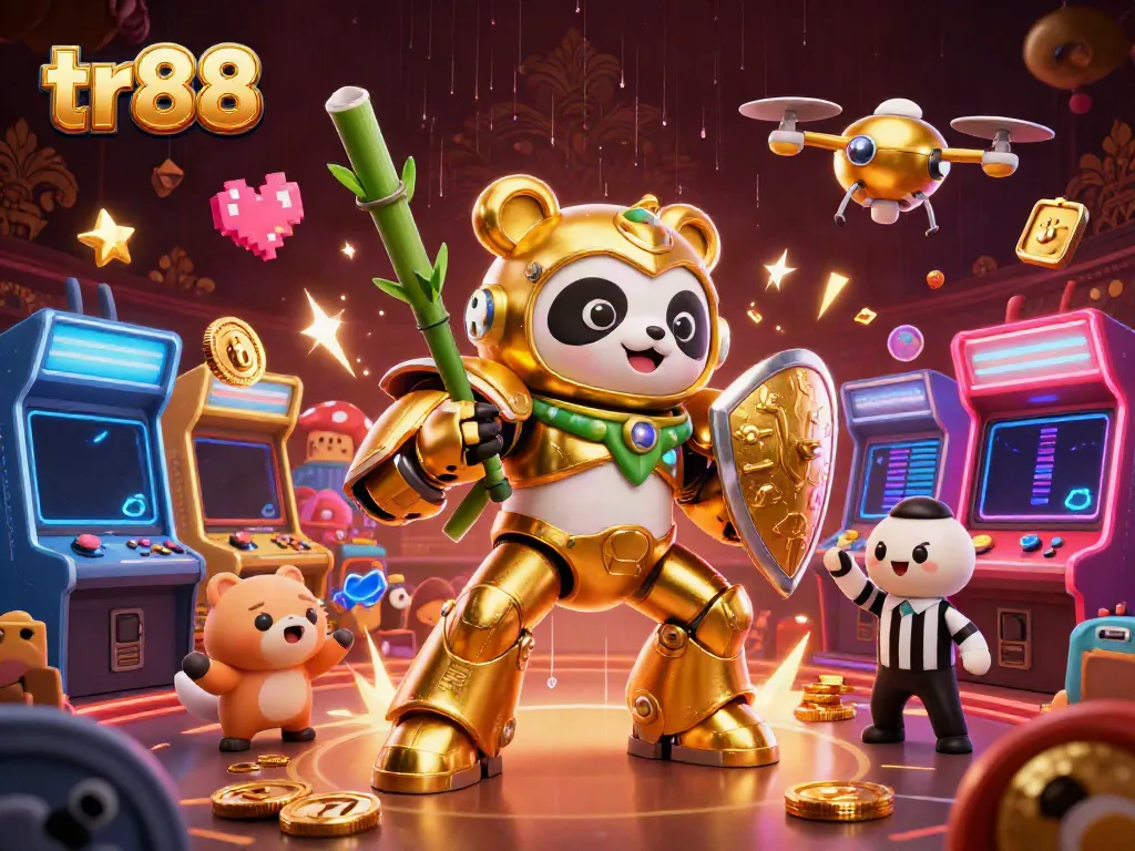 Experience thrilling gameplay at tr88 featuring a golden panda in a mech-suit battling in a vibrant casino arena.