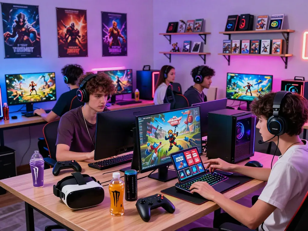Experience vibrant gaming culture with warung168, showcasing gamers shopping digitally amid colorful game collectibles.