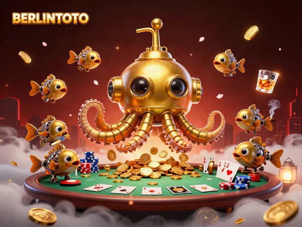 Berlintoto showcases a golden kraken submarine surrounded by poker elements, exciting for gamers.
