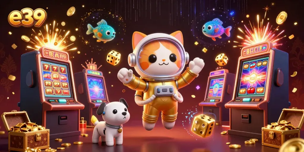 Experience the vibrant casino atmosphere with e39's 3D illustration of a space astronaut cat and lively game elements.