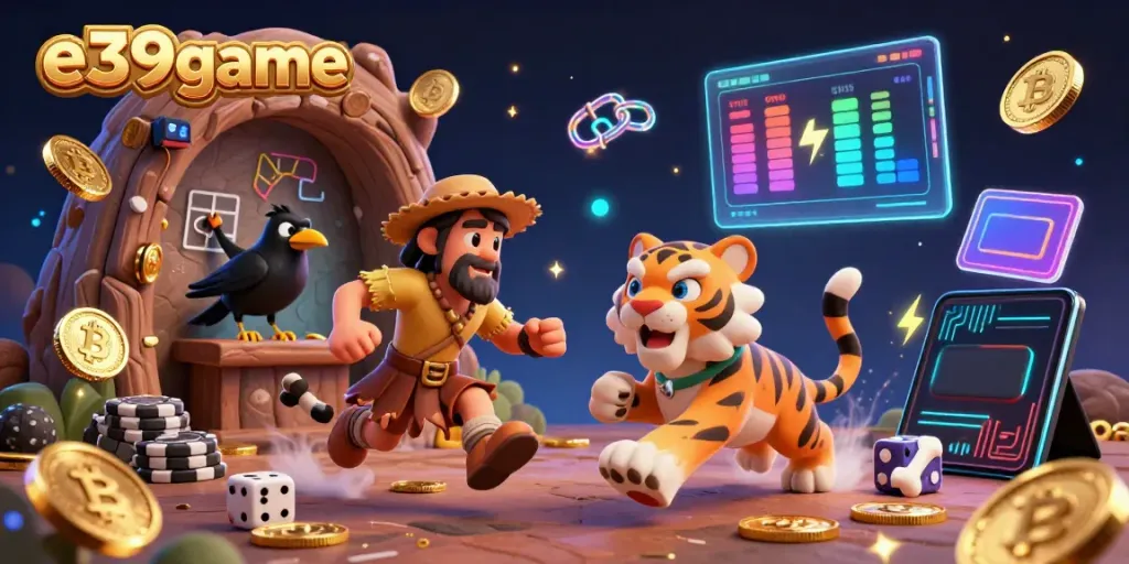 Engage with exciting gameplay at e39game, featuring a prehistoric casino with unique characters and vibrant visuals.