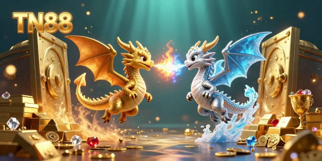 Engage with TN88, a dynamic 3D casino scene featuring gold and silver dragons amidst treasures and gaming elements.