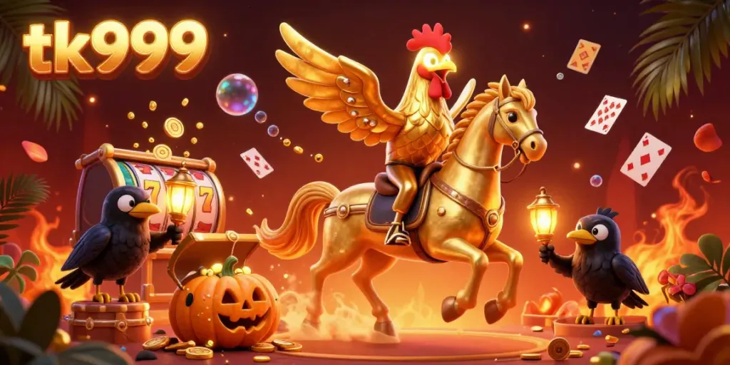Experience thrilling moments in the tk999 online casino with a golden rooster and pirate-themed elements.