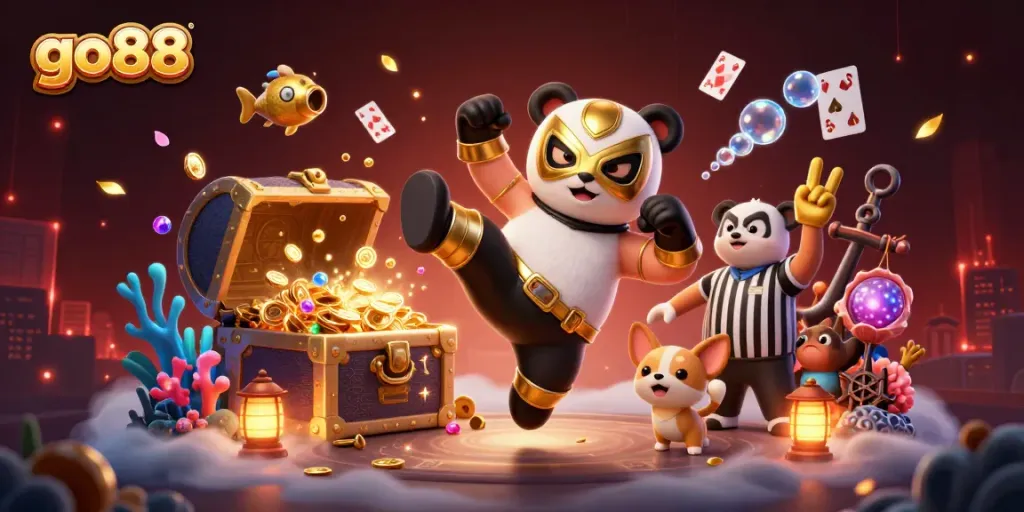 Experience the excitement of go88 with a vibrant 3D illustration showcasing dynamic characters and casino elements.