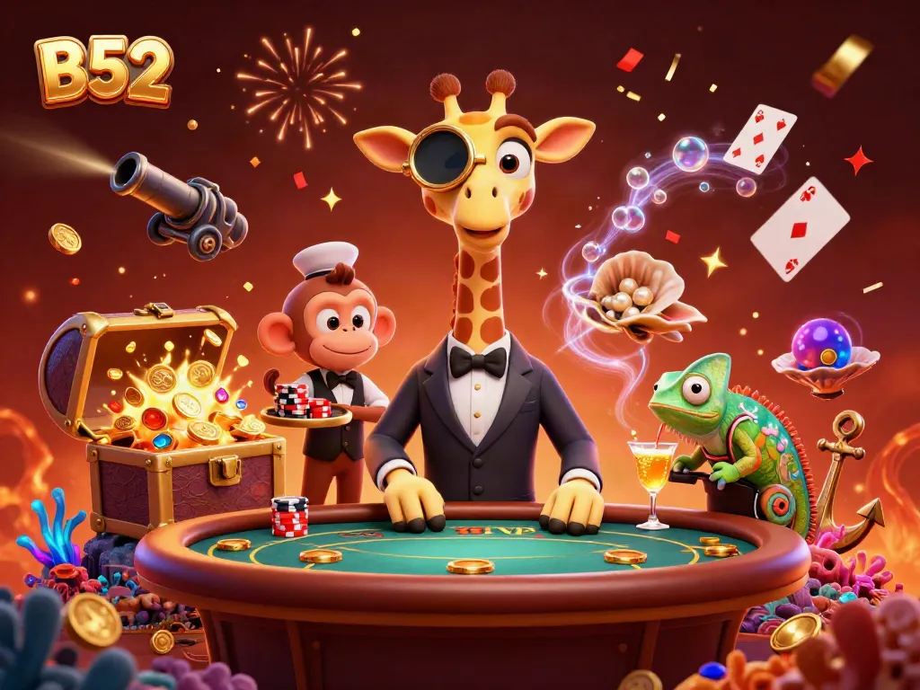 Experience B52's exciting gaming environment with vibrant characters and stunning casino elements.