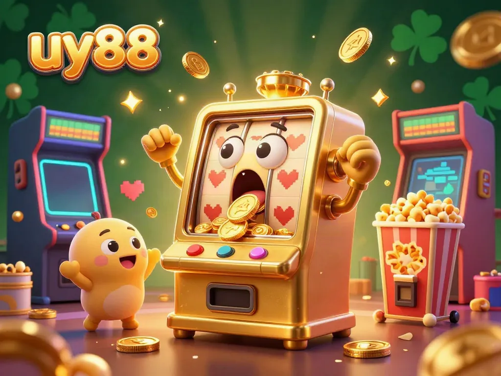 Experience the excitement of uy88 as a golden slot machine celebrates hitting the jackpot amidst vibrant casino elements.