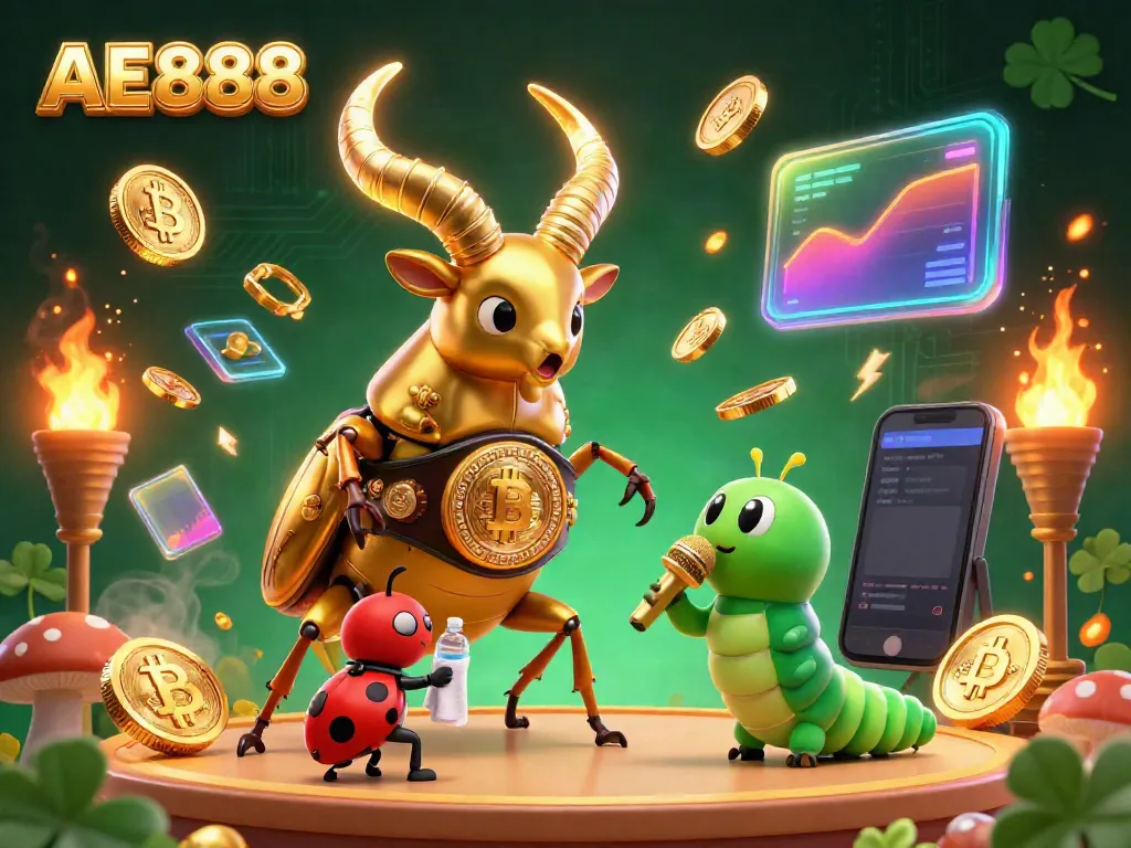 Experience the thrill of AE888 with a dynamic casino showdown featuring a giant beetle champion and colorful crypto elements.