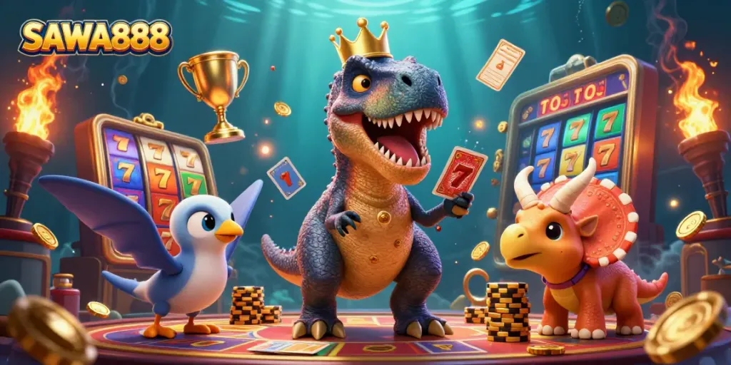 Join the excitement with SAWA888 as a cartoon T-Rex plays cards, showcasing thrilling gambling elements.