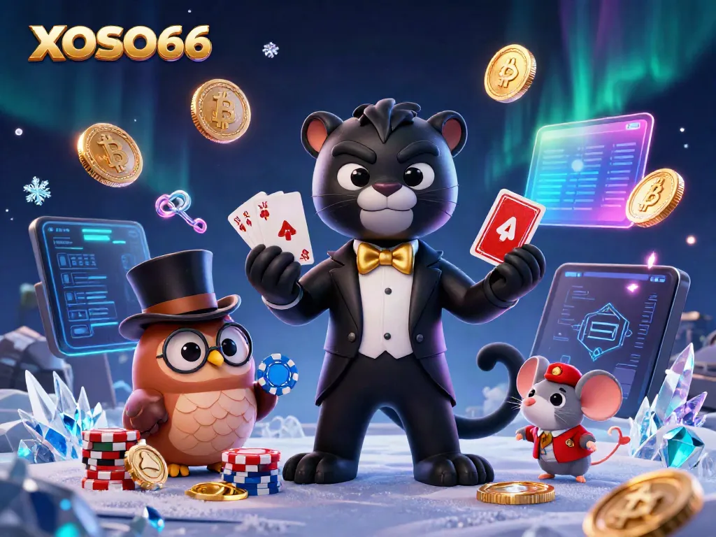 XOSO66 showcases an elegant black panther dealing cards with an owl and mouse in a vibrant casino scene.