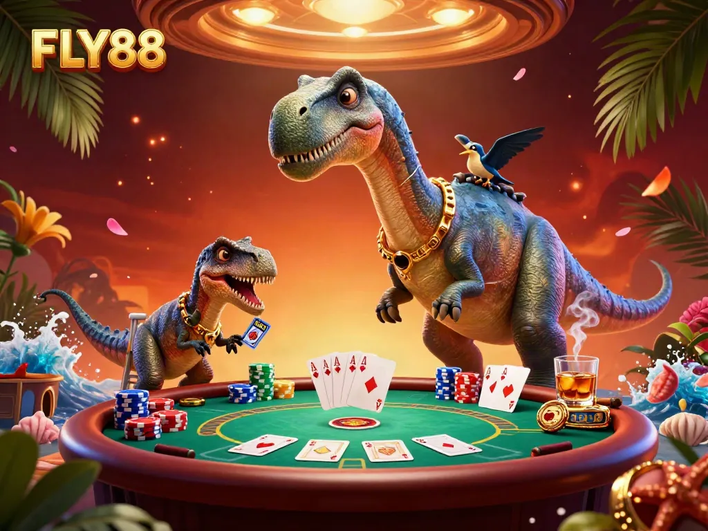 FLY88 casino scene showcasing a giant brontosaurus interacting with a poker game, vibrant details.